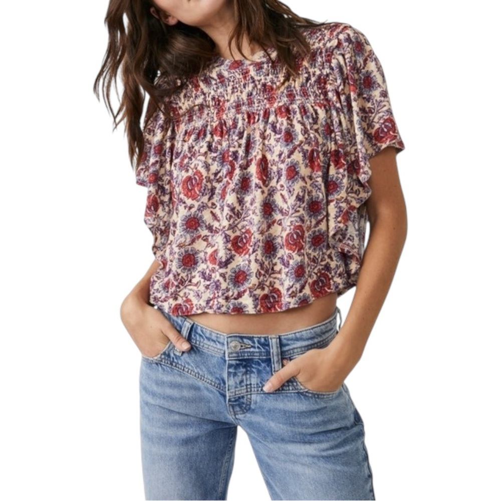 Free People Boho Floral Print Multicolor Flowy Ruffle‎ Sleeve Linen Crop Top XS